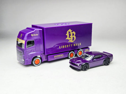 Tarmac Works 1:64 Japan Exclusive LBWK Dodge Challenger Purple Plum Crazy with Truck Packaging