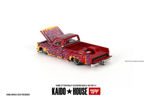 Kaido House x Mini GT 1:64 Chevrolet Silverado Dually on Fire V1 – Red with Flames