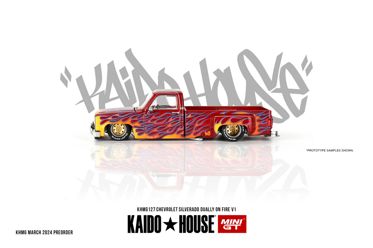 Kaido House x Mini GT 1:64 Chevrolet Silverado Dually on Fire V1 – Red with Flames
