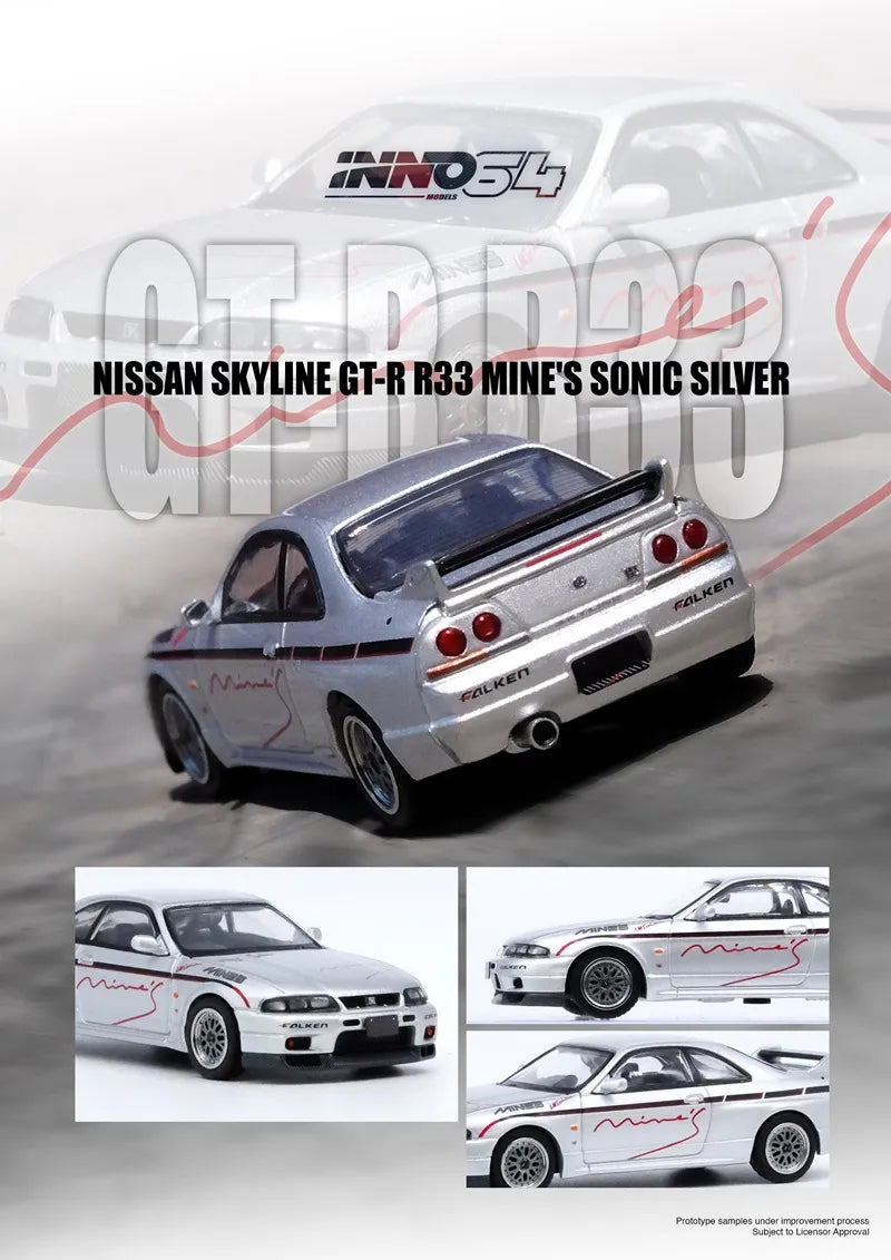INNO64 1/64 NISSAN SKYLINE GT-R (R33) Tuned By “MINE’S” – Silver