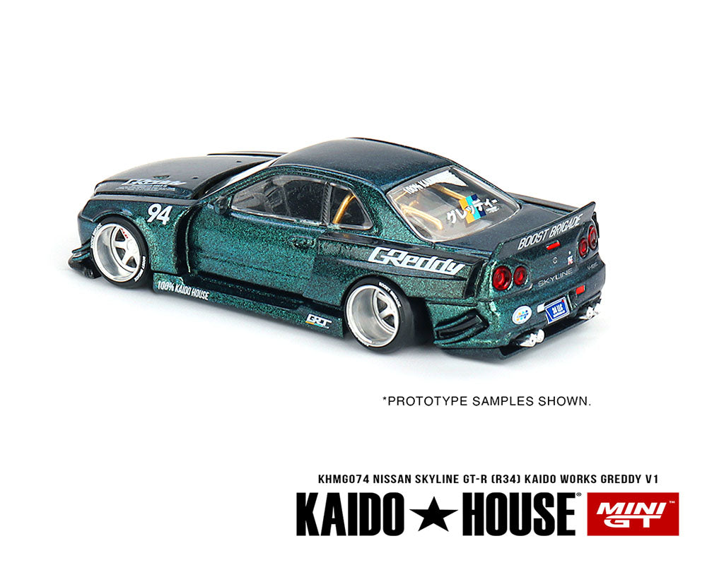 (Preorder) Kaido House x Mini GT 1:64 Nissan Skyline GT-R (R34) Kaido Works  GReddy V1 – Green – Limited Edition