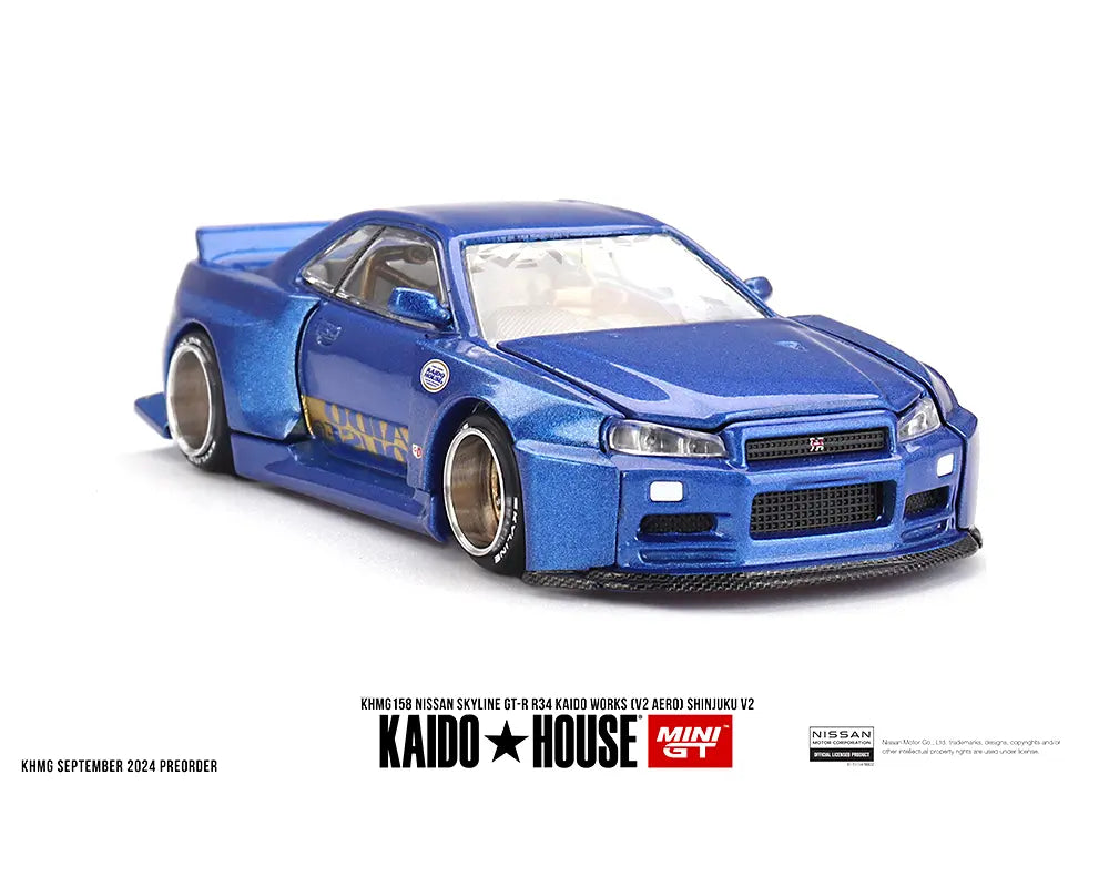 (Preorder) Kaido House x Mini GT 1:64 Nissan Skyline GT-R (R34) Kaido Works  (V2 Aero) SHINJUKU V2- Blue