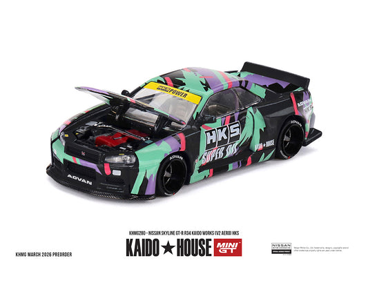 Kaido House x Mini GT 1:64 Nissan Skyline GT-R R34 Kaido Works (V2 Aero) HKS – Limited Edition