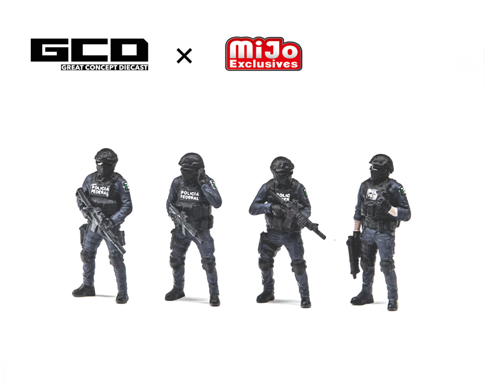 GCD 1:64 Mexico Policia Federal Tactical Armor Vehicle Diorama Set with 4 Figures – Mijo Exclusives