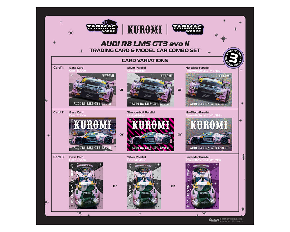 (Preorder) Tarmac Works 1:64 Audi R8 LMS GT3 evo II Kuromi – Uno Racing Macau GT Cup – FIA GT World Cup 2024 – Adderly Fong – Hobby64 & Tarmac Cards