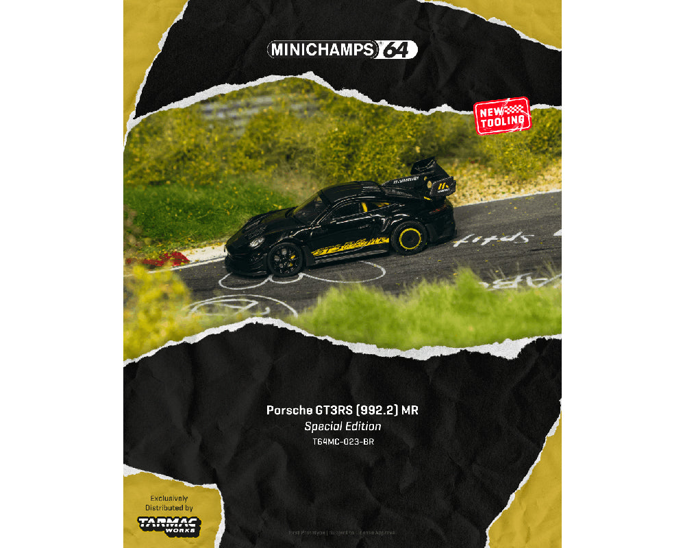 Tarmac Works x Minichamps 1:64 Porsche GT3RS (992.2) MR – Black Yellow – Showcase – Limited Edition