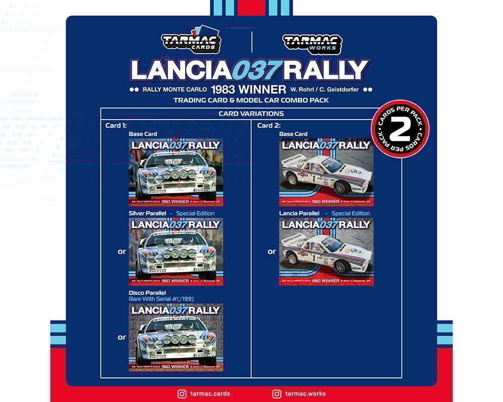 Tarmac Works 1:64 Lancia 037 Rally Rally Monte Carlo 1983 Winner W. Rohrl / C. Geistdorfer with Trading Cards- Hobby64