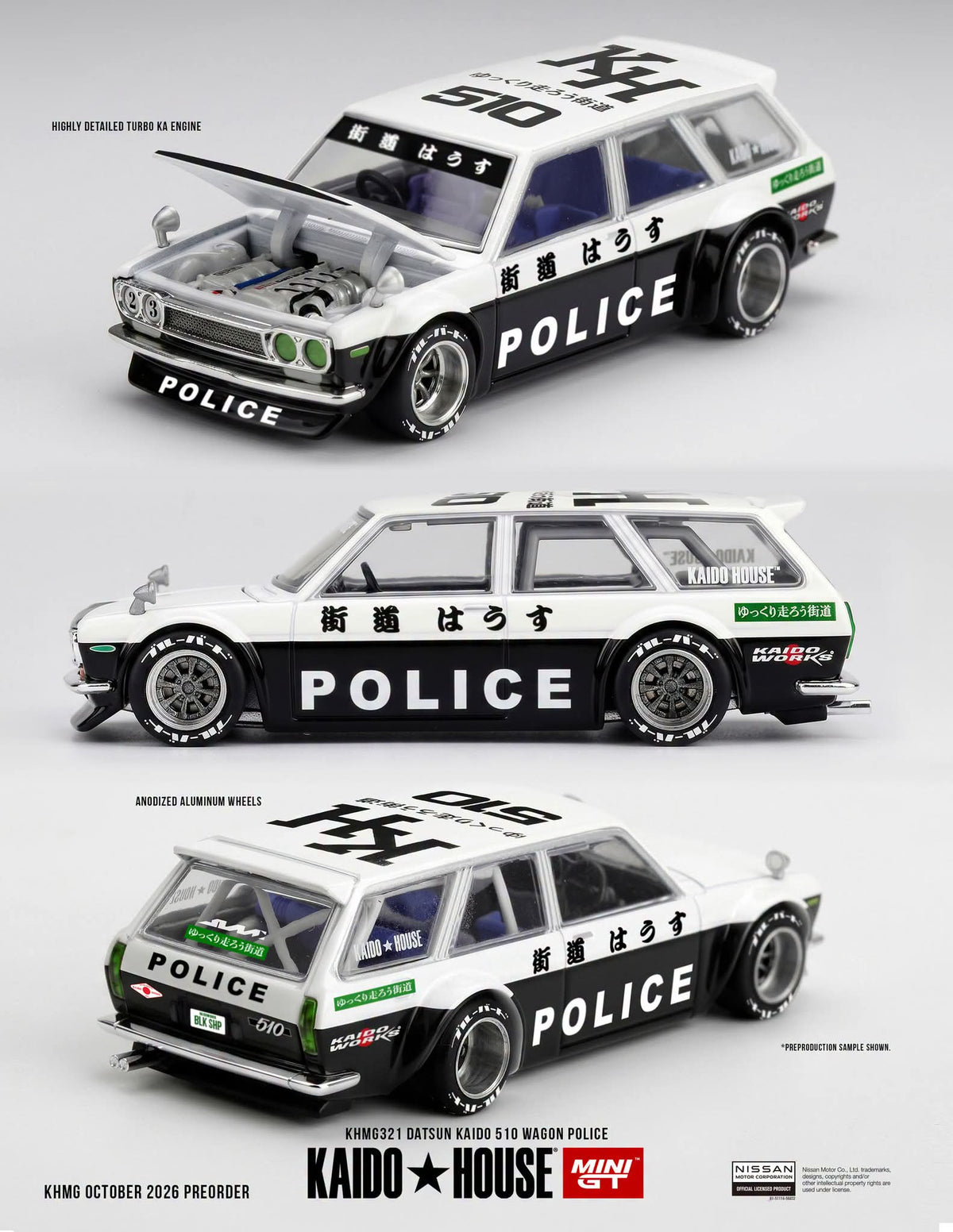 Kaido House x Mini GT 1:64 Datsun KAIDO 510 Wagon Police