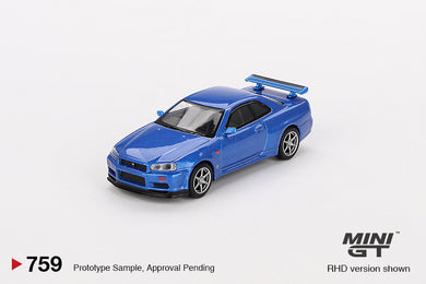 (Preorder) Mini GT 1:64 Nissan Skyline GT-R (R34) V-Spec – Bayside Blue – Mijo Exclusives