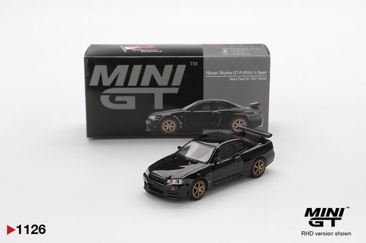Mini GT 1:64 Nissan Skyline GT-R (R34) V.Spec Black Pearl W/ TE37 Wheel