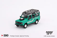 Load image into Gallery viewer, Mini GT 1:64 1985 Land Rover Defender 110 Station Wagon – Trident Green – LHD – MiJo Exclusives