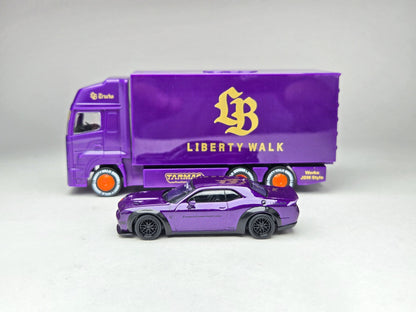 Tarmac Works 1:64 Japan Exclusive LBWK Dodge Challenger Purple Plum Crazy with Truck Packaging