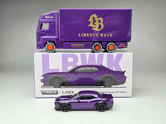 Tarmac Works 1:64 Japan Exclusive LBWK Dodge Challenger Purple Plum Crazy with Truck Packaging