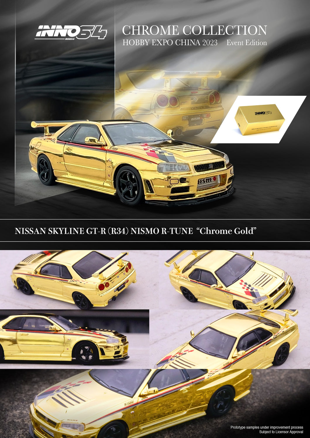 (Pre Order) Inno 1/64 NISSAN SKYLINE GT-R (R34) NISMO R-TUNE Gold Chrome