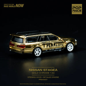 PopRace 1:64 scale Nissan GT-R R34 STAGEA PENNZOIL Gold Chrome