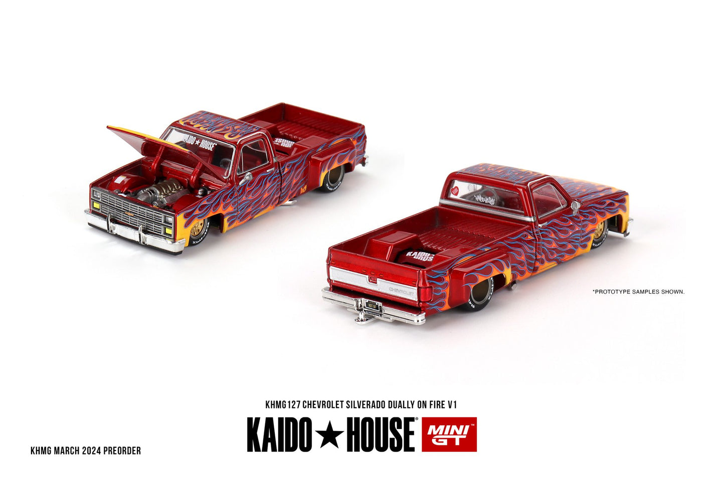 Kaido House x Mini GT 1:64 Chevrolet Silverado Dually on Fire V1 – Red with Flames