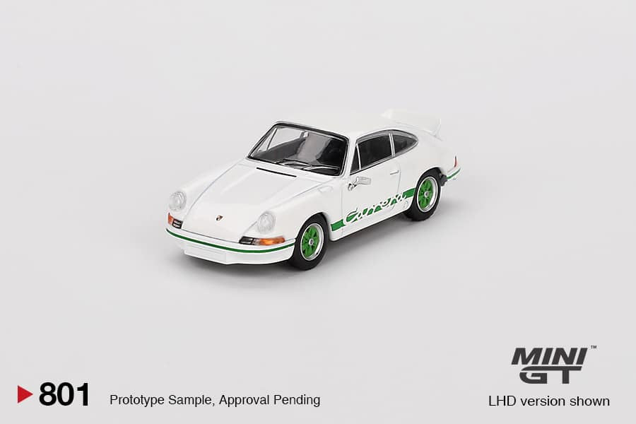 Mini GT 1:64 Porsche 911 Carrera RS 2.7 – Grand Prix White with Green Livery – Mijo Exclusives