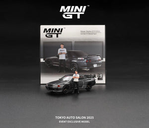 MiniGT 1/64 Tokyo Auto Salon Exclusive Nissan Skyline GT-R (R32) Gunmetal w/ Matsuda Figure - Tsugio Matsuda