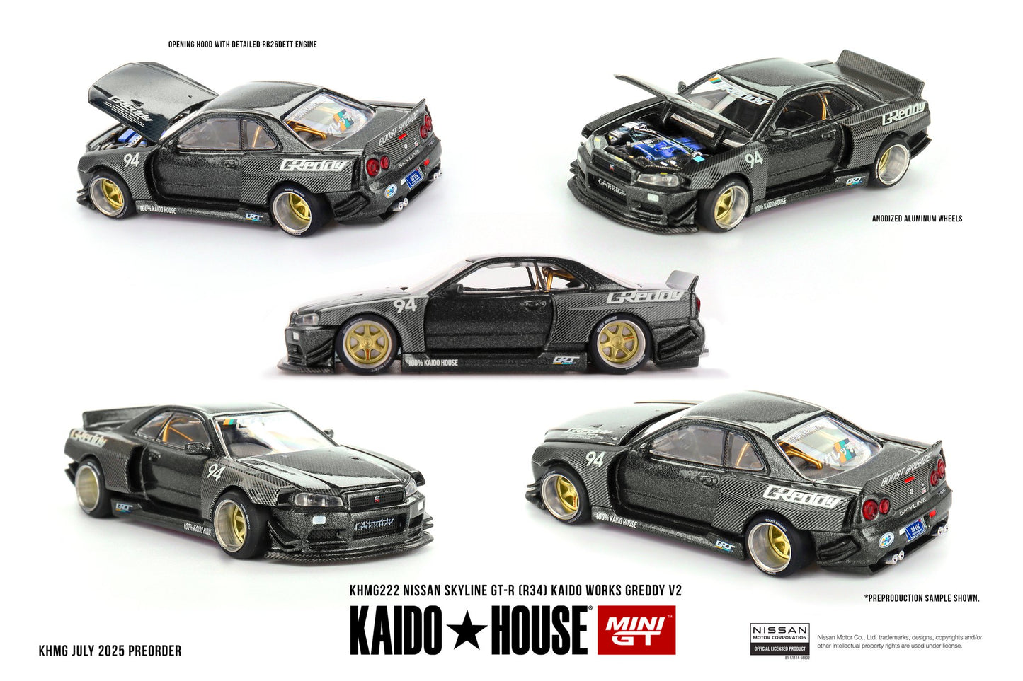 (Preorder) Kaido House x Mini GT 1:64 Nissan Skyline GT-R (R34) Kaido Works GReddy V2 – Black w/ Carbon