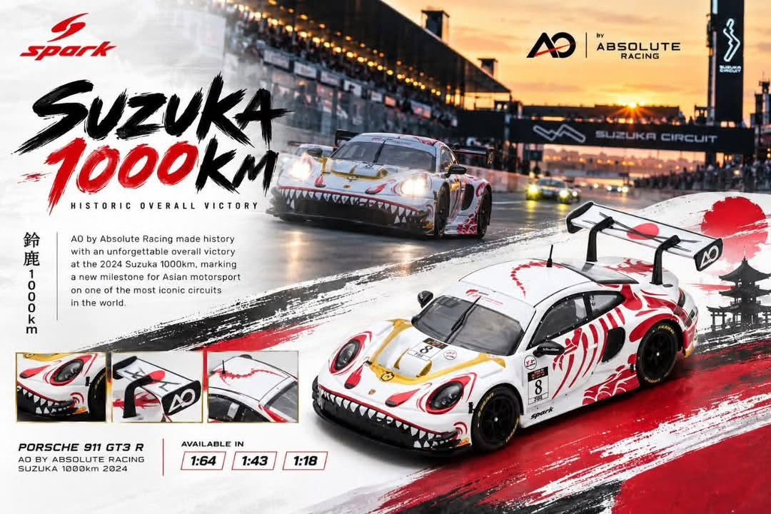 Spark 1:64 Porsche GT3 R No.8 AO Racing Winner Suzuka 1000Km 2026 L. Heinrich A. Picariello J. Andlauer With Pit Board