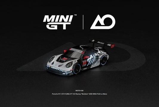 Mini GT 1:64 Porsche 911 GT3 R (992) #77 AO Racing "Skeleton Rexy" 2026 IMSA Petit Le Mans