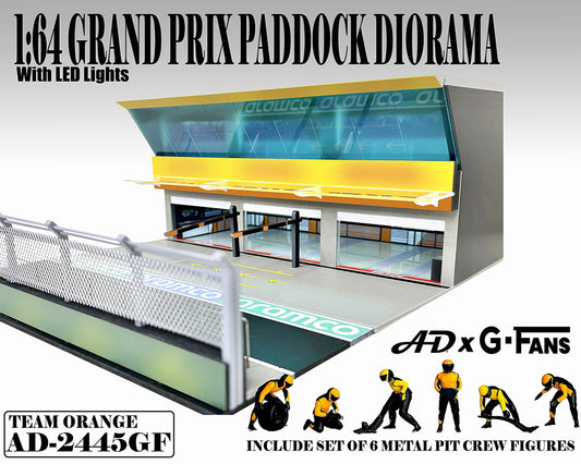 American Diorama 1:64 Figures Set Grand Prix Paddock Diorama w L.E.D. – Team Orange – Mijo Exclusives