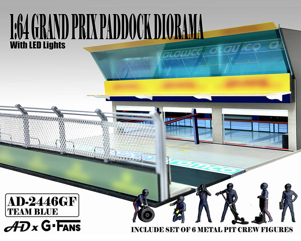 American Diorama 1:64 Figures Set Grand Prix Paddock Diorama w L.E.D. – Team Blue – Mijo Exclusives