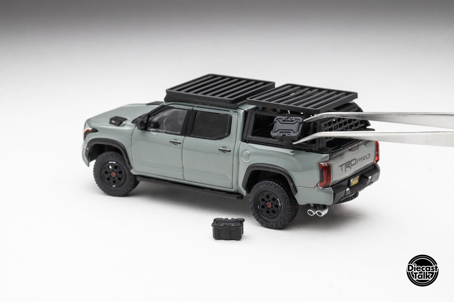 DiecastTalk Exclusive GCD 1/64 Toyota Tundra TRD PRO Lunar Rock with roof rack & accessories