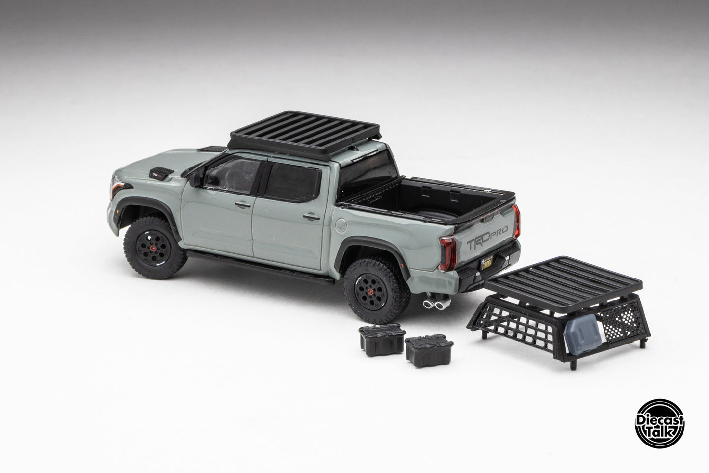 DiecastTalk Exclusive GCD 1/64 Toyota Tundra TRD PRO Lunar Rock with roof rack & accessories