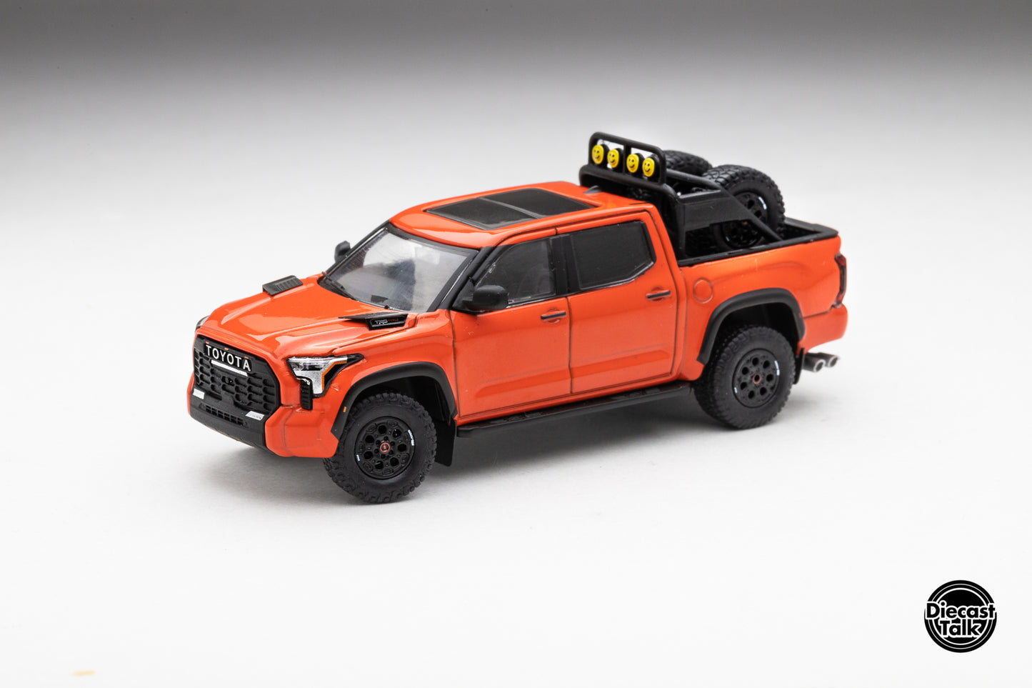 DiecastTalk Exclusive GCD 1/64 Toyota Tundra TRD PRO Solar Octane with accessories