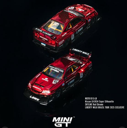 Brazil Exclusive Mini GT 1:64 Nissan LB-ER34 Super Silhouette Chrome Red