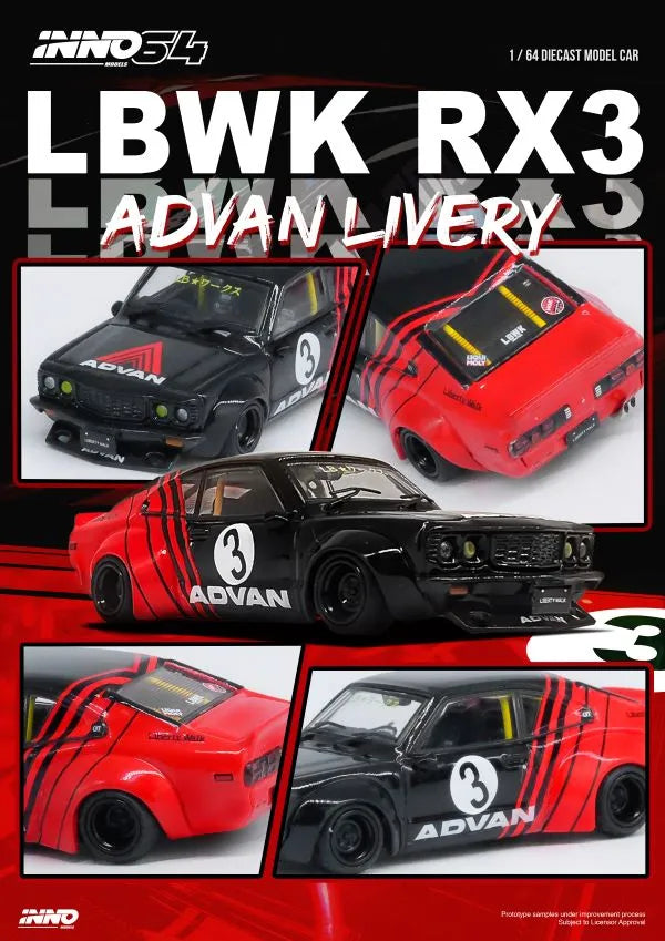INNO 1/64　 LBWK 　MAZDA RX3 SAVANNA INNO 1:64 LBWK RX3 SAVANNA#3 YellowGreen Diecast Model Car