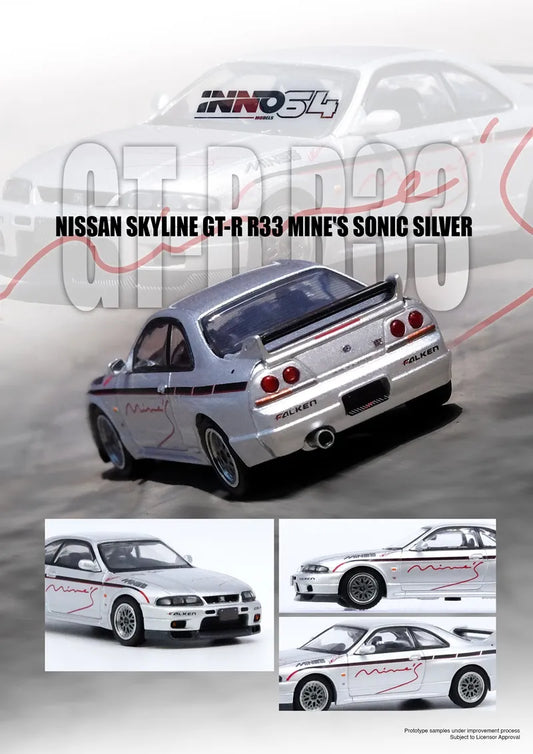 INNO64 1/64 NISSAN SKYLINE GT-R (R33) Tuned By “MINE’S” – Silver