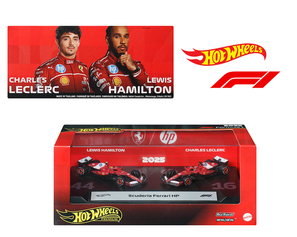 Hot Wheels 1:64 F1 2-Pack 2025 Racing Premium Team Ferrari L. Hamilton #44 / C. Leclerc #16 – Limited Edition
