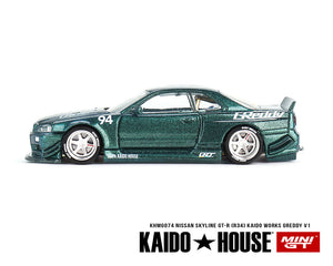 Kaido House x Mini GT 1:64 Nissan Skyline GT-R (R34) Kaido Works GReddy V1 – Green – Limited Edition