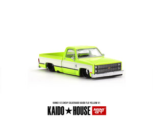 (Preorder) Kaido House x Mini GT 1:64 Chevrolet Silverado KAIDO Flo V1 – Yellow Chrome