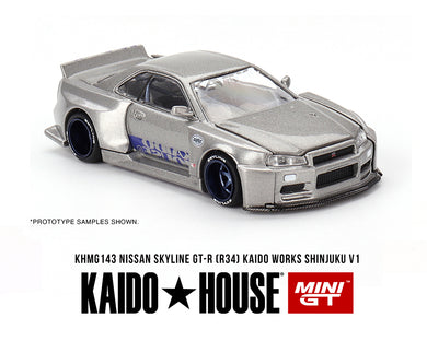 Kaido House x Mini GT 1:64 Nissan Skyline GT-R (R34) Kaido Works SHINJUKU V1 – Silver