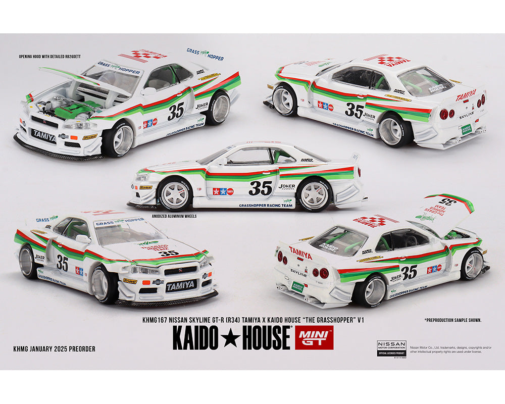 Kaido House x Mini GT 1:64 Nissan Skyline GT-R (R34) Tamiya X Kaido House “The Grasshopper” V1 – White