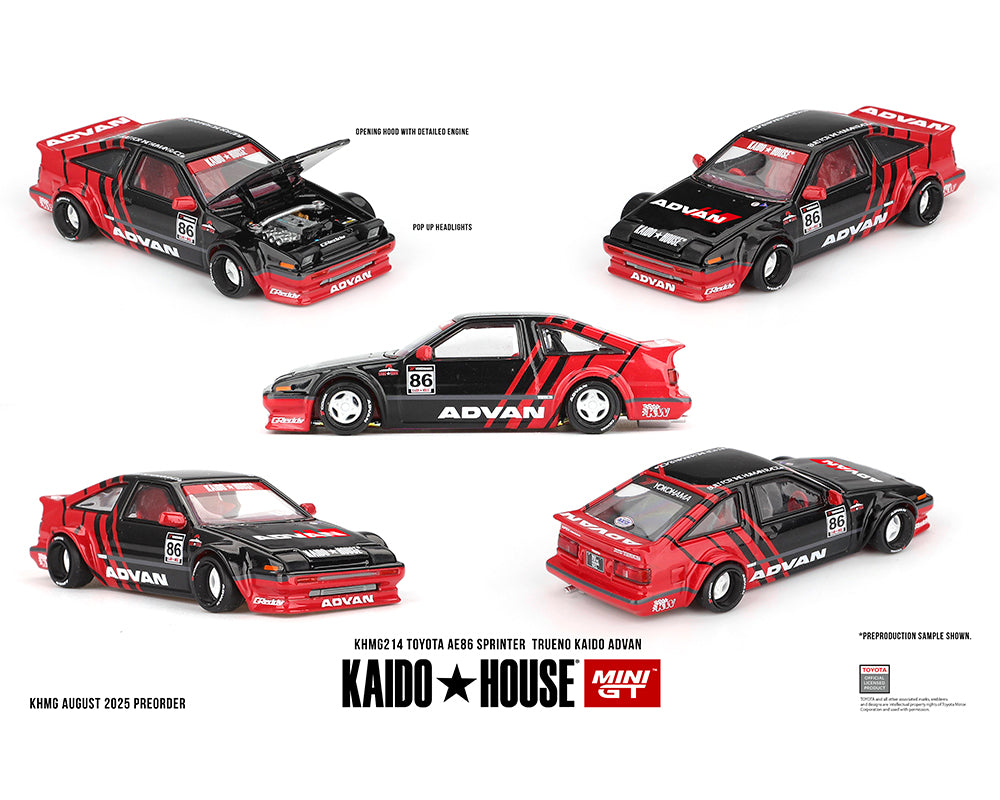(Preorder) Kaido House x Mini GT Toyota AE86 Sprinter Trueno Kaido ADVAN – Red/Black