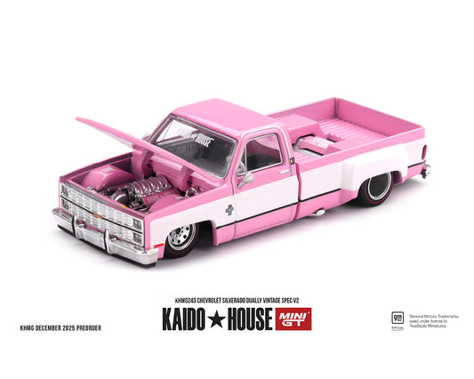 Kaido House x Mini GT Chevrolet Silverado Dually Vintage Spec V2 – Pink with White