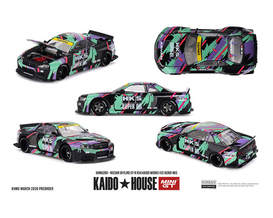 Kaido House x Mini GT 1:64 Nissan Skyline GT-R R34 Kaido Works (V2 Aero) HKS – Limited Edition