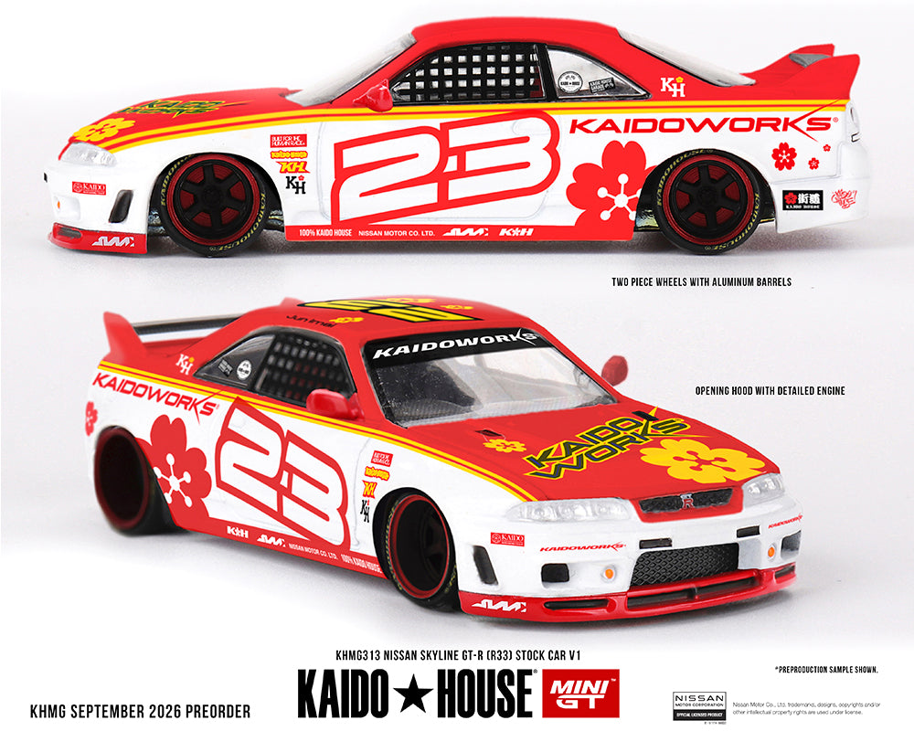 Kaido House x Mini GT Nissan Skyline GT-R (R33) Kaido Stock Car V1 – White w/ Red Two-tone