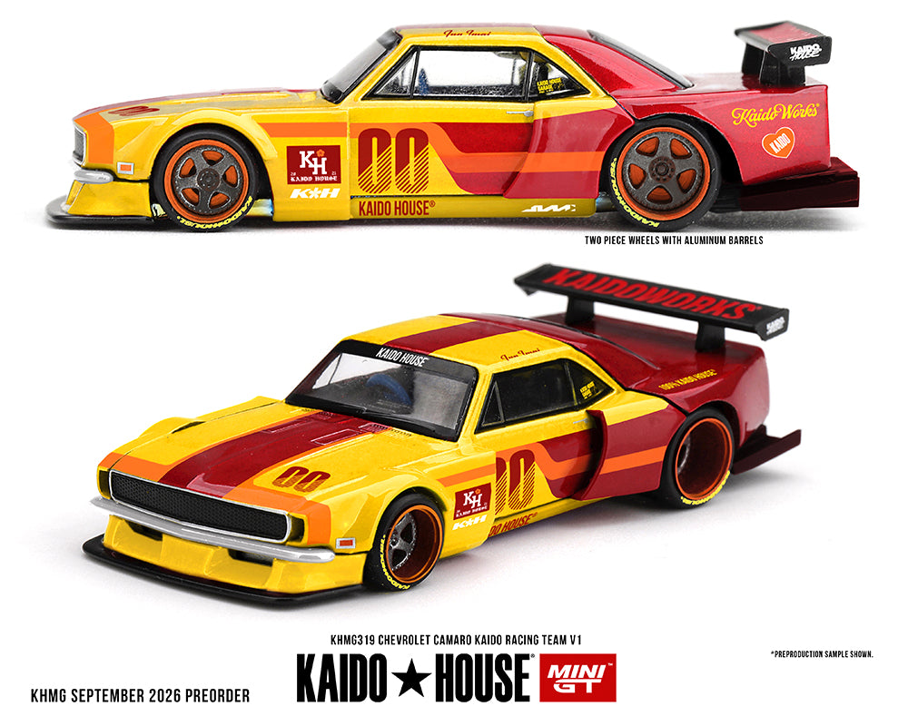 Kaido House x Mini GT Chevrolet Camaro Kaido Racing Team V1- Red with Yellow Two-Tone