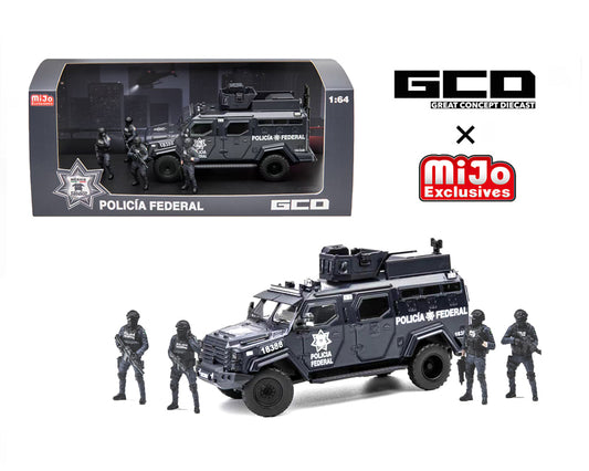 GCD 1:64 Mexico Policia Federal Tactical Armor Vehicle Diorama Set with 4 Figures – Mijo Exclusives