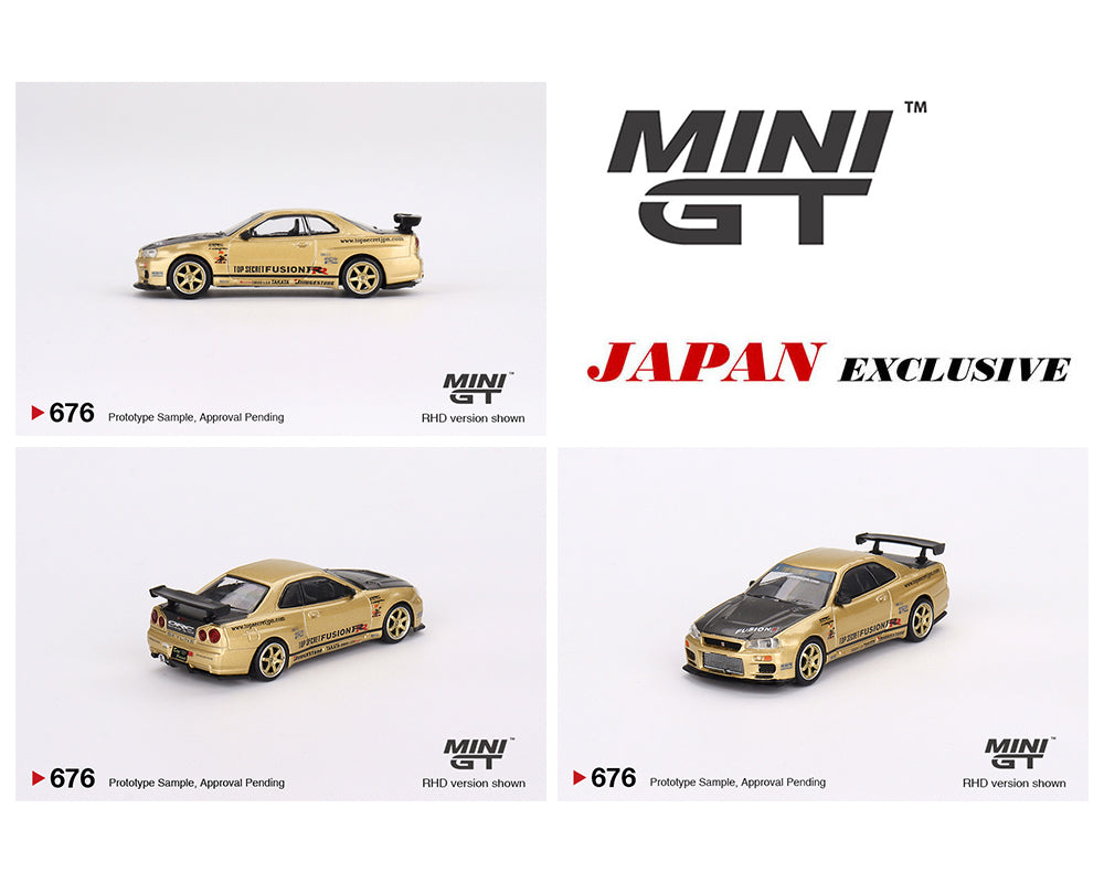Mini GT 1:64 Nissan Skyline GT-R (R34) Top Secret – Gold – Japan Exclusive