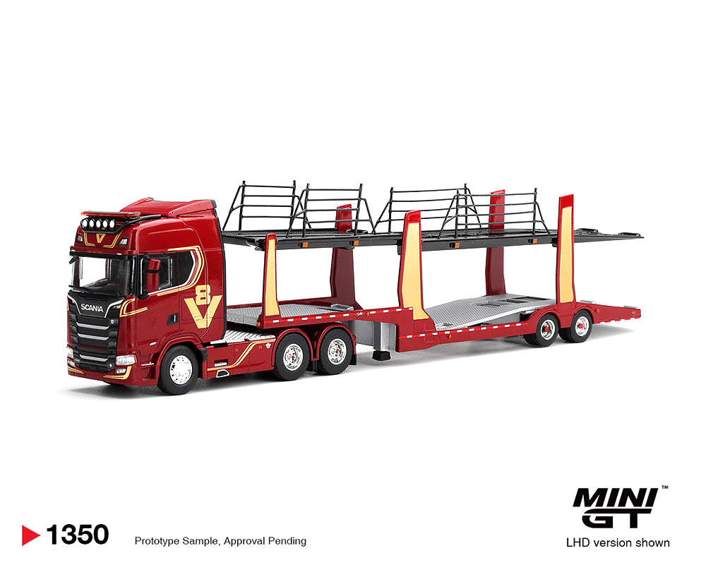 Mini GT 1:64 Scania 770S A6x4NA Car Transporter V8 50th anniversary + Car transporter – Red – Limited Edition