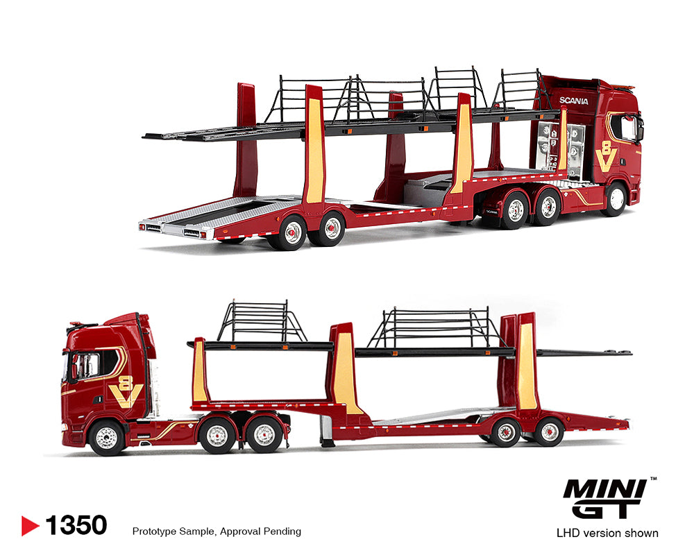 Mini GT 1:64 Scania 770S A6x4NA Car Transporter V8 50th anniversary + Car transporter – Red – Limited Edition