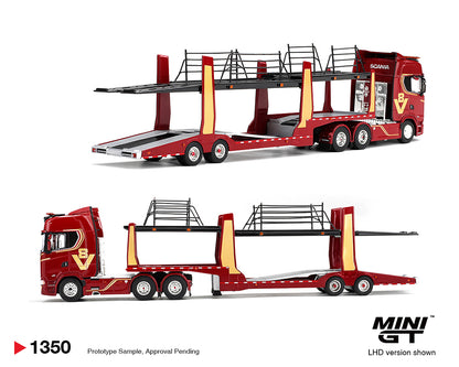 Mini GT 1:64 Scania 770S A6x4NA Car Transporter V8 50th anniversary + Car transporter – Red – Limited Edition