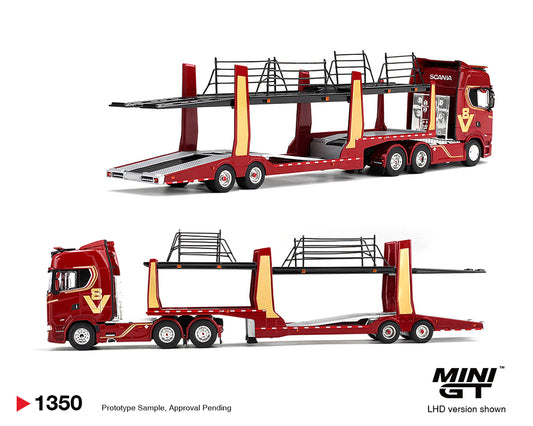 Mini GT 1:64 Scania 770S A6x4NA Car Transporter V8 50th anniversary + Car transporter – Red – Limited Edition