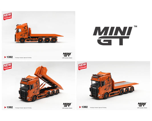 Mini GT 1:64 Scania 770S B8x4NA Hooklift Flatbed Orange- Limited Edition